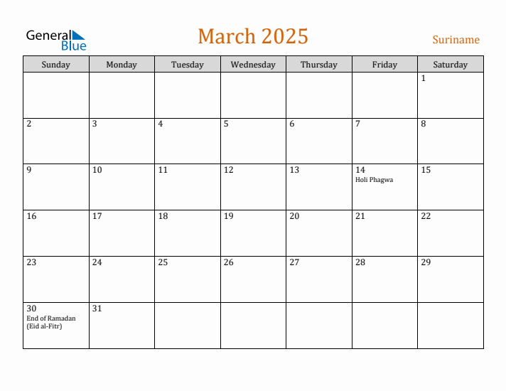 March 2025 Holiday Calendar with Sunday Start