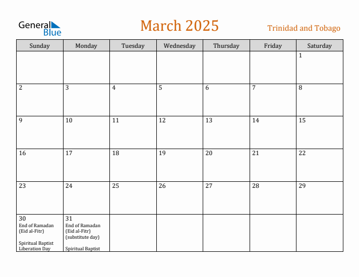 March 2025 Holiday Calendar with Sunday Start