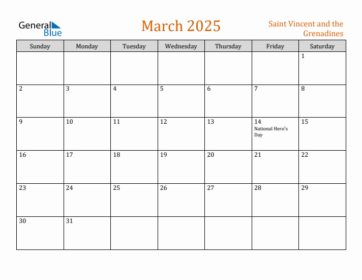 March 2025 Holiday Calendar with Sunday Start