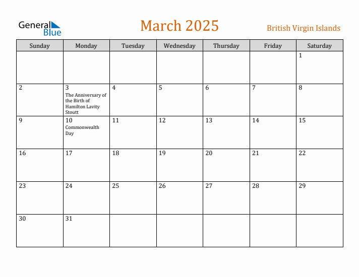 March 2025 Holiday Calendar with Sunday Start