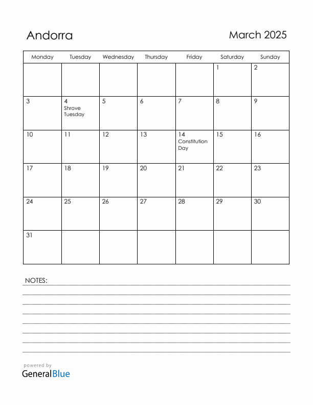 March 2025 Andorra Calendar with Holidays (Monday Start)