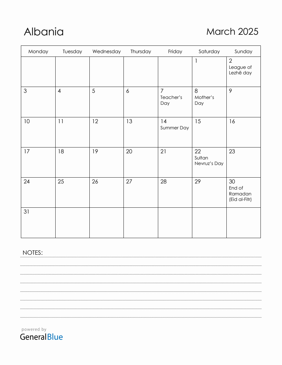 March 2025 Albania Calendar with Holidays