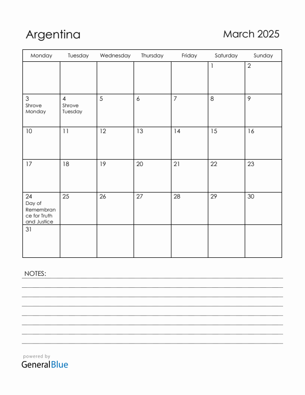 March 2025 Argentina Calendar with Holidays (Monday Start)