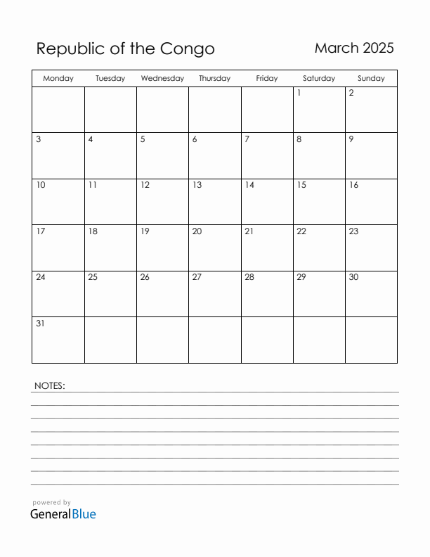 March 2025 Republic of the Congo Calendar with Holidays (Monday Start)
