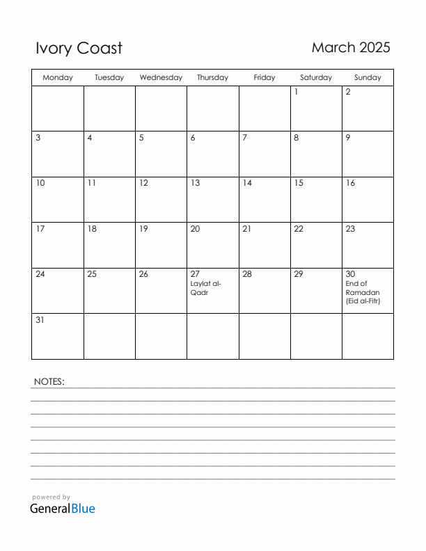 March 2025 Ivory Coast Calendar with Holidays (Monday Start)