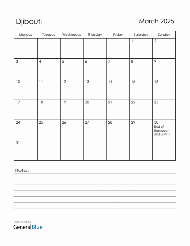 March 2025 Djibouti Calendar with Holidays (Monday Start)