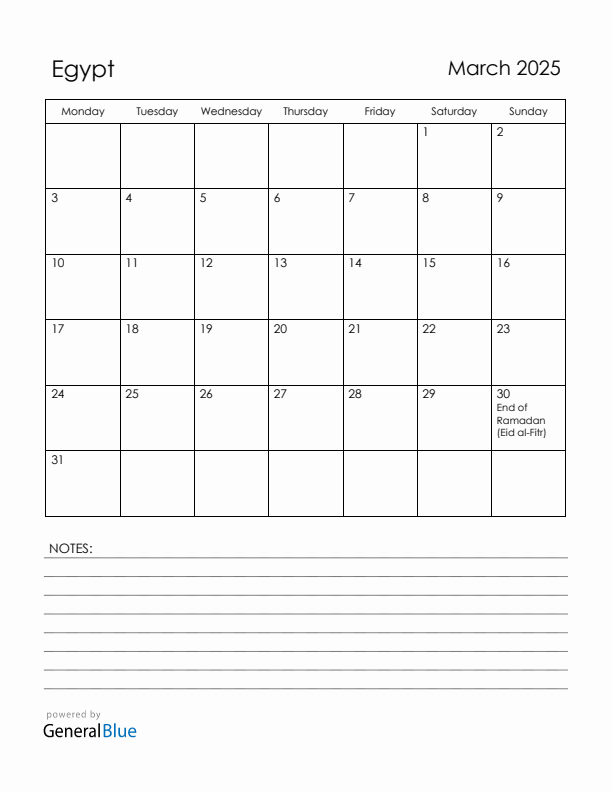 March 2025 Egypt Calendar with Holidays (Monday Start)