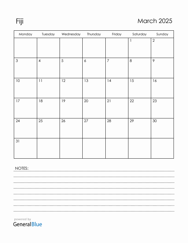 March 2025 Fiji Calendar with Holidays (Monday Start)