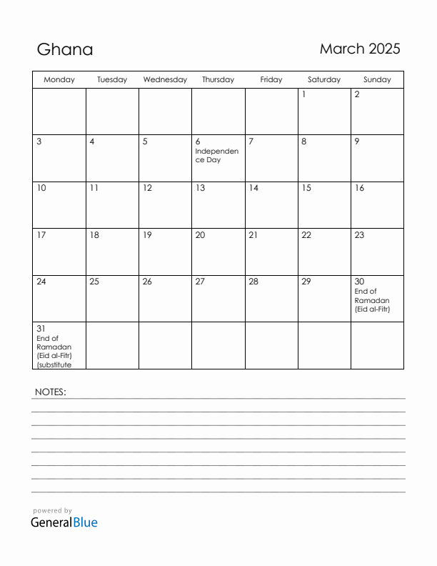 March 2025 Ghana Calendar with Holidays (Monday Start)