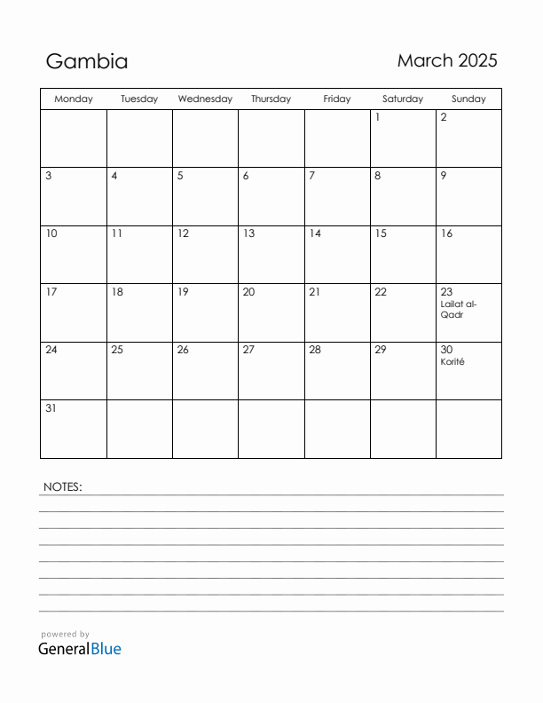 March 2025 Gambia Calendar with Holidays (Monday Start)