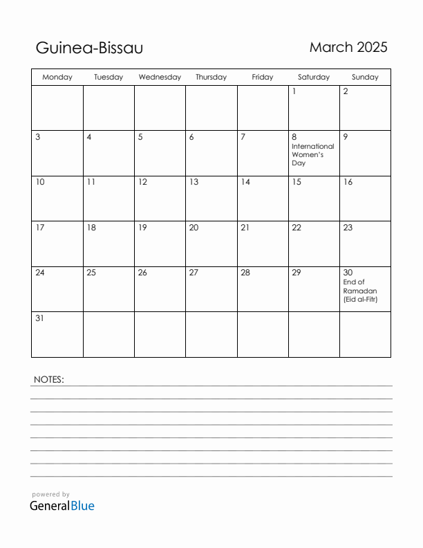 March 2025 Guinea-Bissau Calendar with Holidays (Monday Start)