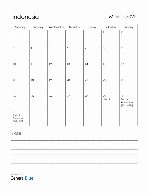 March 2025 Indonesia Calendar with Holidays (Monday Start)