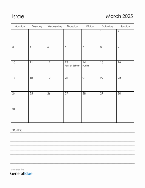 March 2025 Israel Calendar with Holidays (Monday Start)