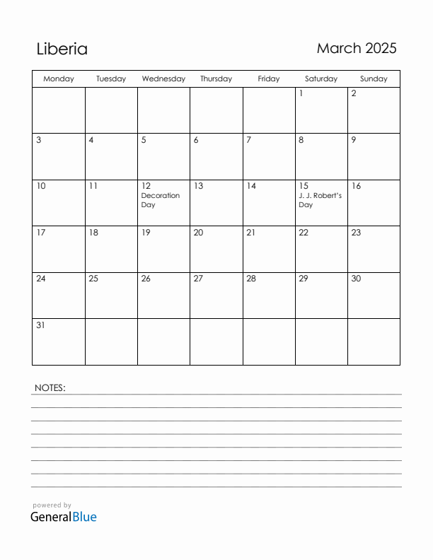 March 2025 Liberia Calendar with Holidays (Monday Start)