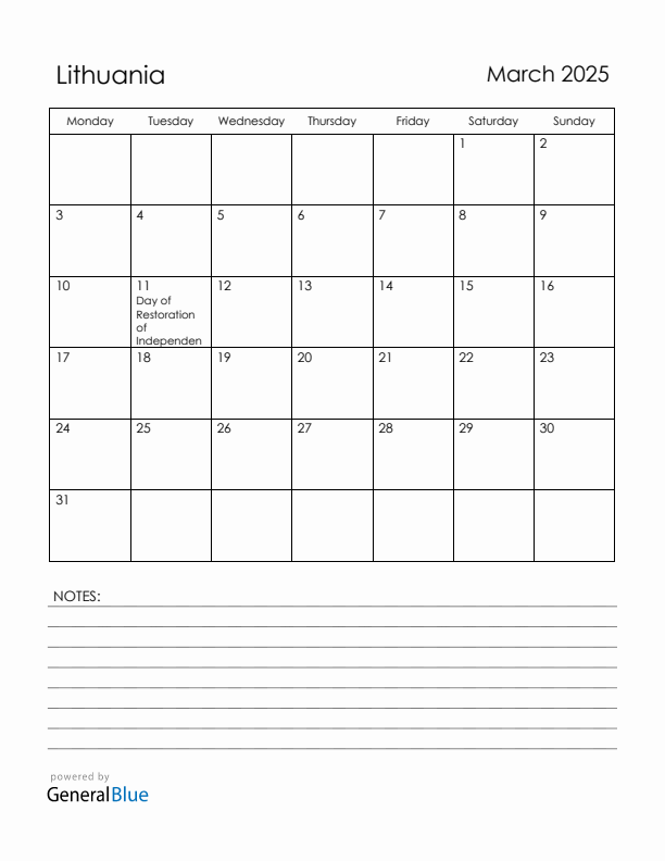 March 2025 Lithuania Calendar with Holidays (Monday Start)