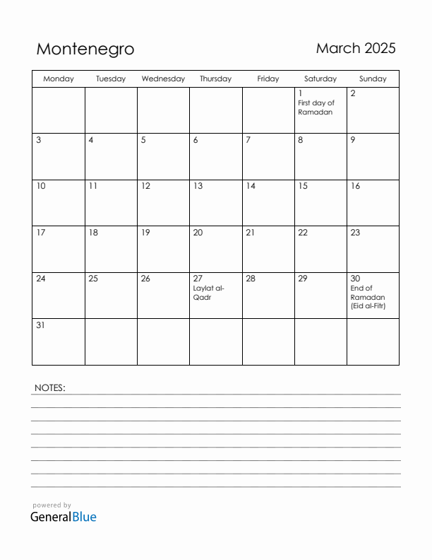 March 2025 Montenegro Calendar with Holidays (Monday Start)
