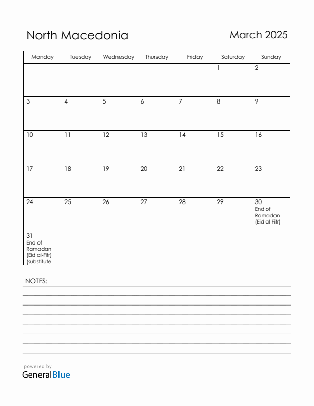 March 2025 North Macedonia Calendar with Holidays (Monday Start)
