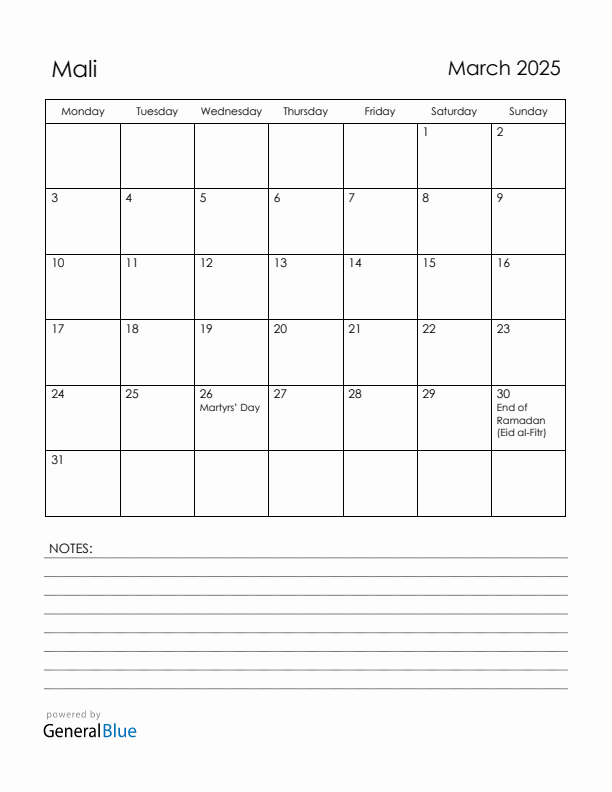 March 2025 Mali Calendar with Holidays (Monday Start)