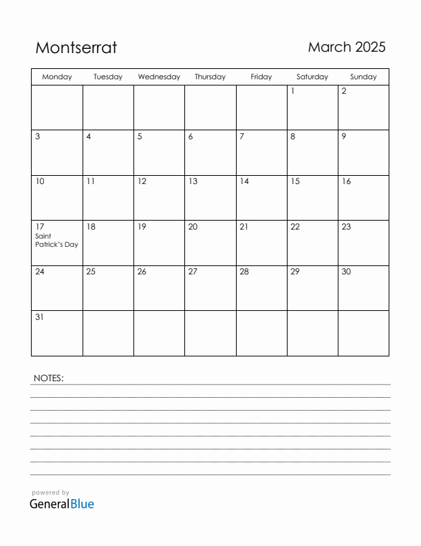 March 2025 Montserrat Calendar with Holidays (Monday Start)
