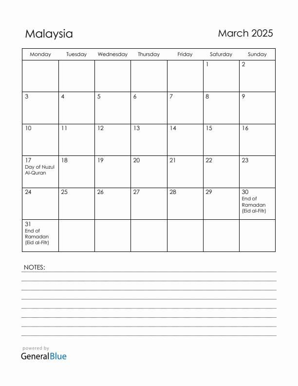 March 2025 Malaysia Calendar with Holidays (Monday Start)
