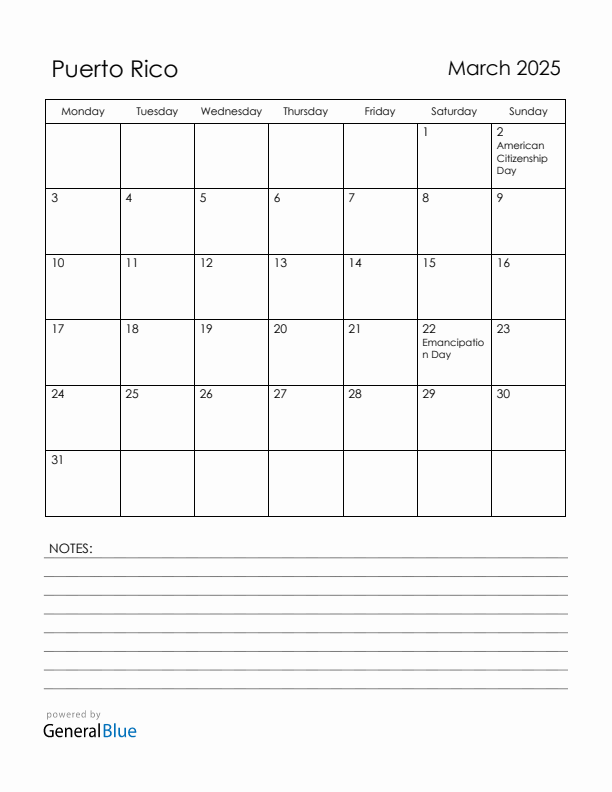 March 2025 Puerto Rico Calendar with Holidays (Monday Start)