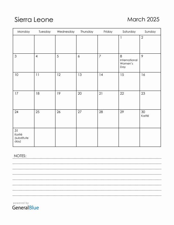 March 2025 Sierra Leone Calendar with Holidays (Monday Start)