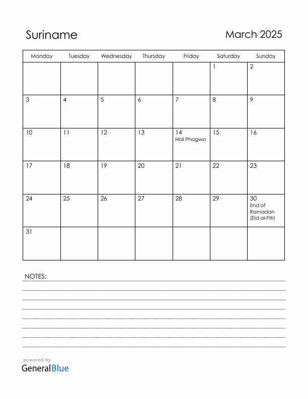 March 2025 Suriname Calendar with Holidays (Monday Start)