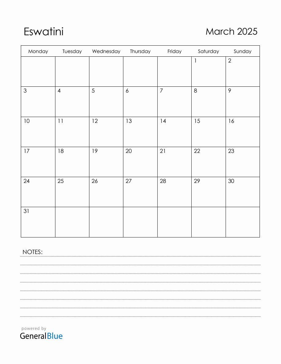 March 2025 Eswatini Calendar with Holidays (Monday Start)