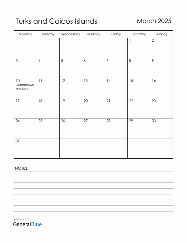 March 2025 Turks and Caicos Islands Calendar with Holidays (Monday Start)