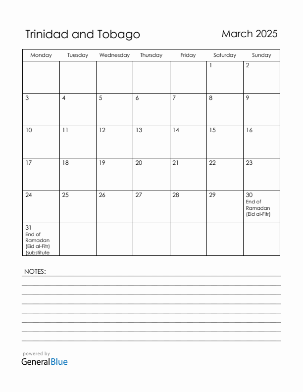 March 2025 Trinidad and Tobago Calendar with Holidays (Monday Start)