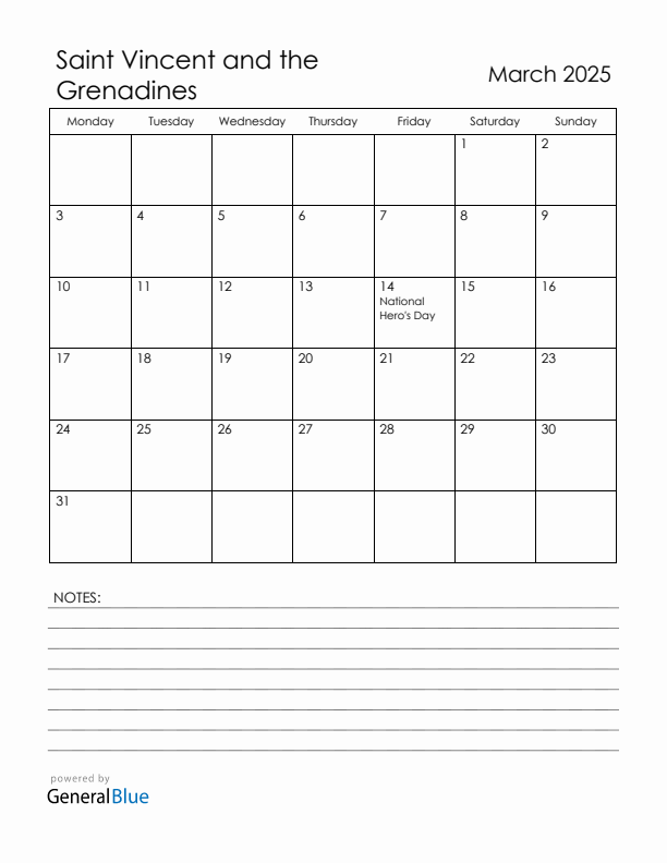 March 2025 Saint Vincent and the Grenadines Calendar with Holidays (Monday Start)