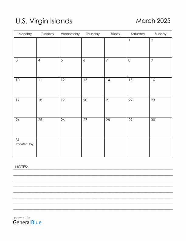 March 2025 U.S. Virgin Islands Calendar with Holidays (Monday Start)