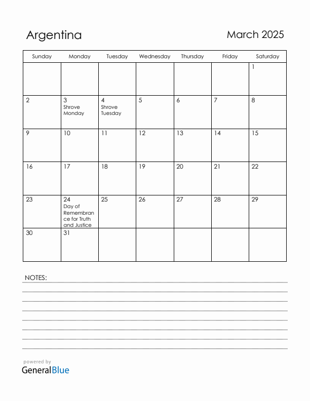 March 2025 Argentina Calendar with Holidays (Sunday Start)