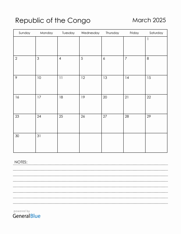 March 2025 Republic of the Congo Calendar with Holidays (Sunday Start)