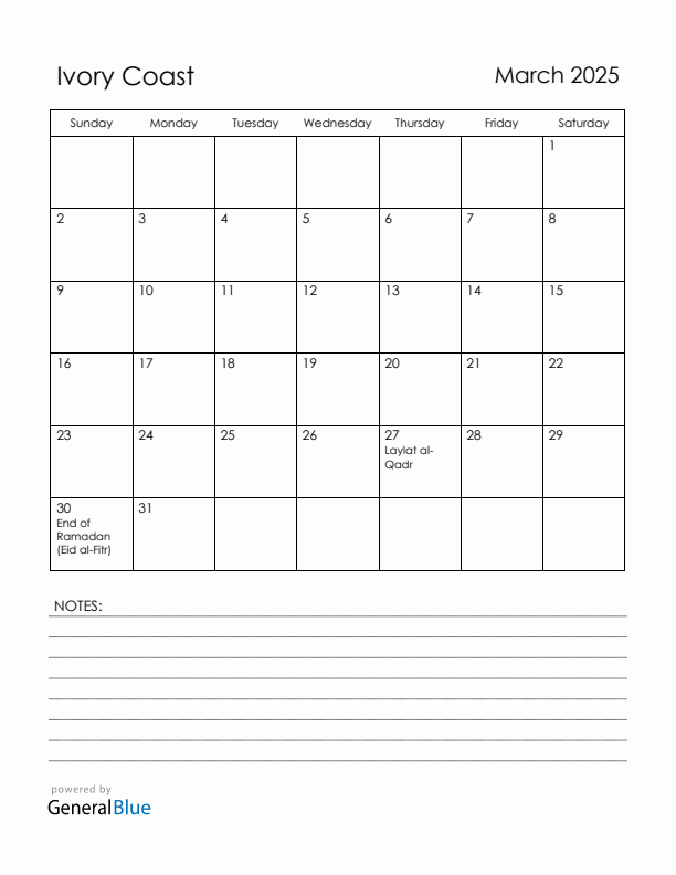 March 2025 Ivory Coast Calendar with Holidays (Sunday Start)