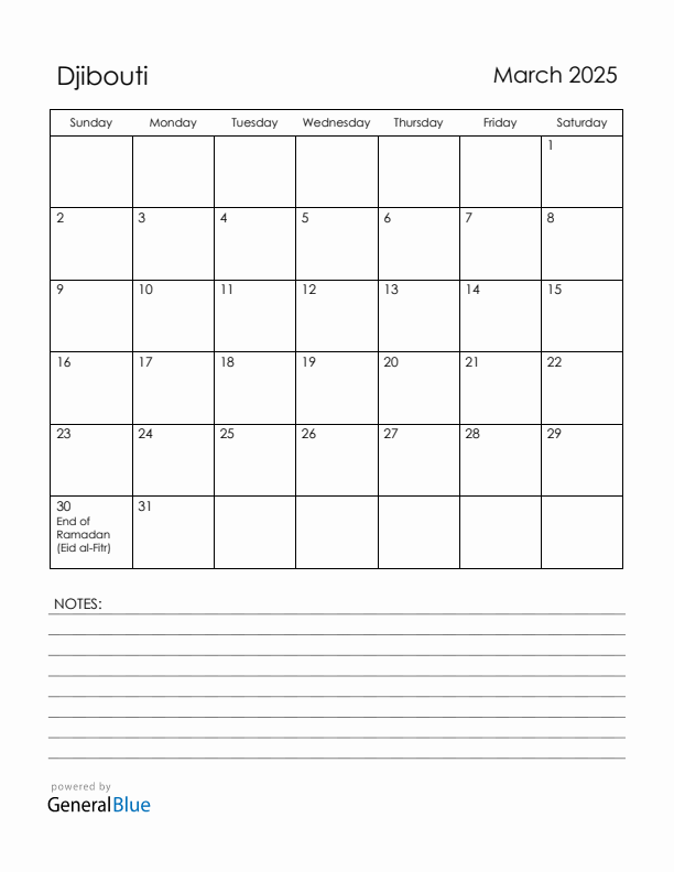 March 2025 Djibouti Calendar with Holidays (Sunday Start)