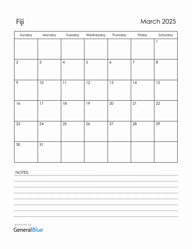 March 2025 Fiji Calendar with Holidays (Sunday Start)