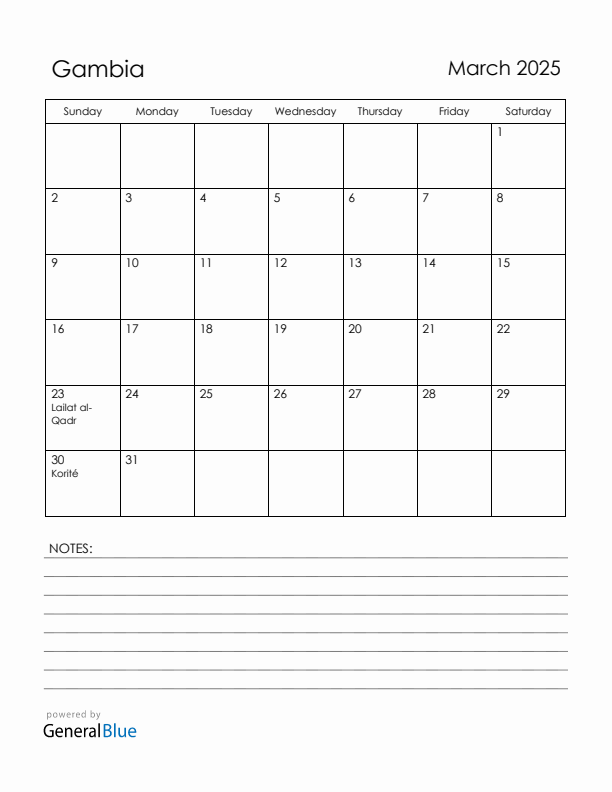 March 2025 Gambia Calendar with Holidays (Sunday Start)