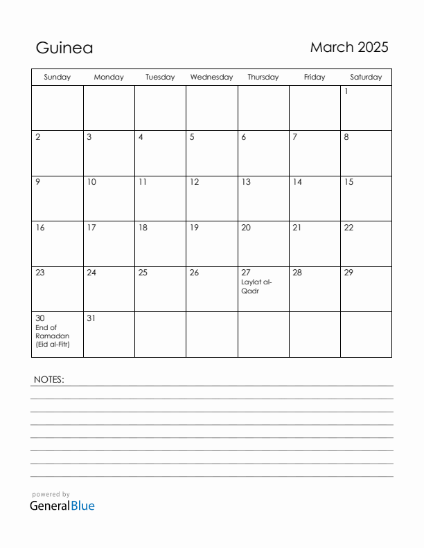 March 2025 Guinea Calendar with Holidays (Sunday Start)