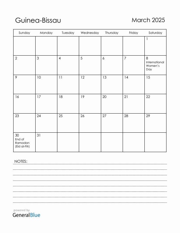 March 2025 Guinea-Bissau Calendar with Holidays (Sunday Start)