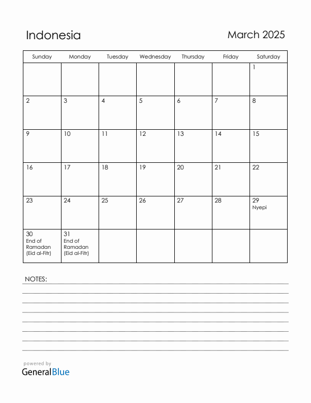 March 2025 Indonesia Calendar with Holidays (Sunday Start)