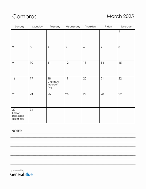 March 2025 Comoros Calendar with Holidays (Sunday Start)