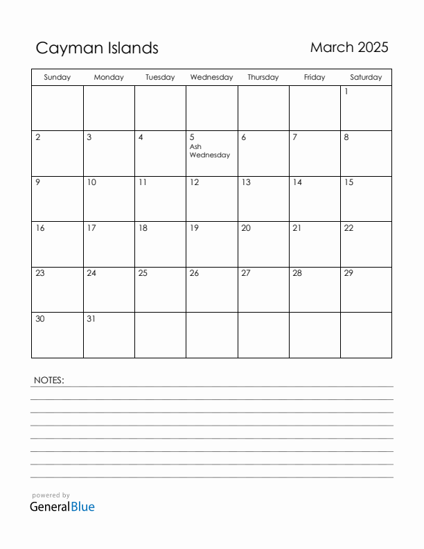 March 2025 Cayman Islands Calendar with Holidays (Sunday Start)