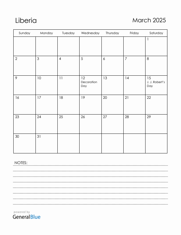 March 2025 Liberia Calendar with Holidays (Sunday Start)