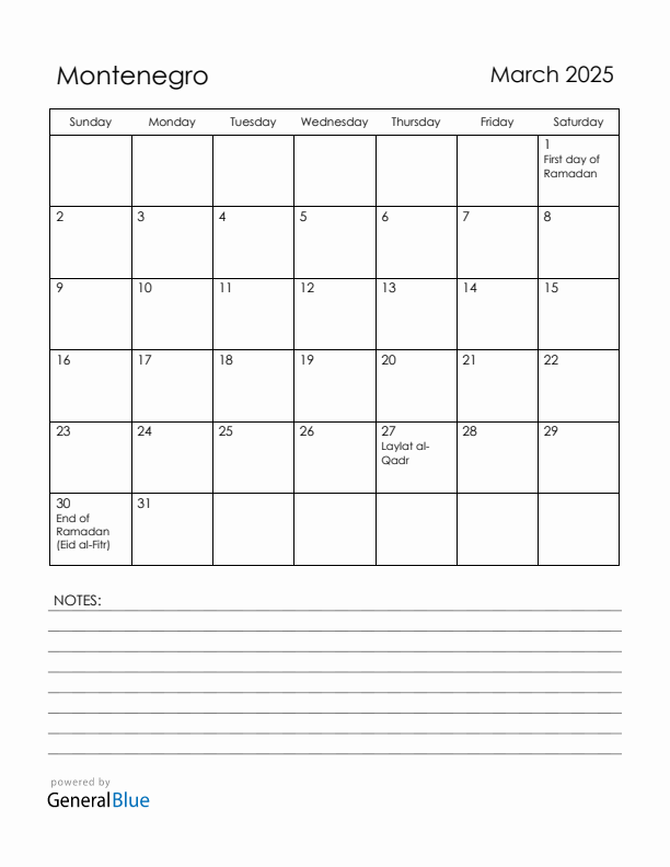 March 2025 Montenegro Calendar with Holidays (Sunday Start)