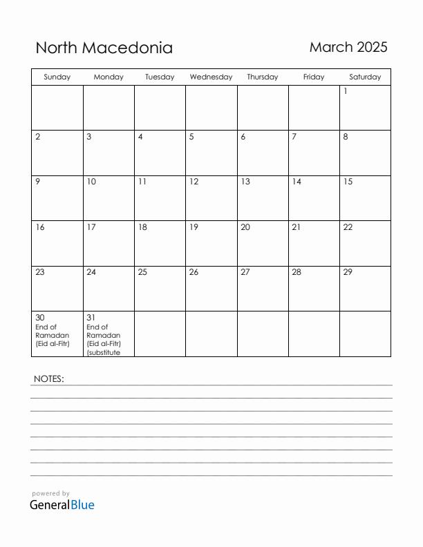 March 2025 North Macedonia Calendar with Holidays (Sunday Start)