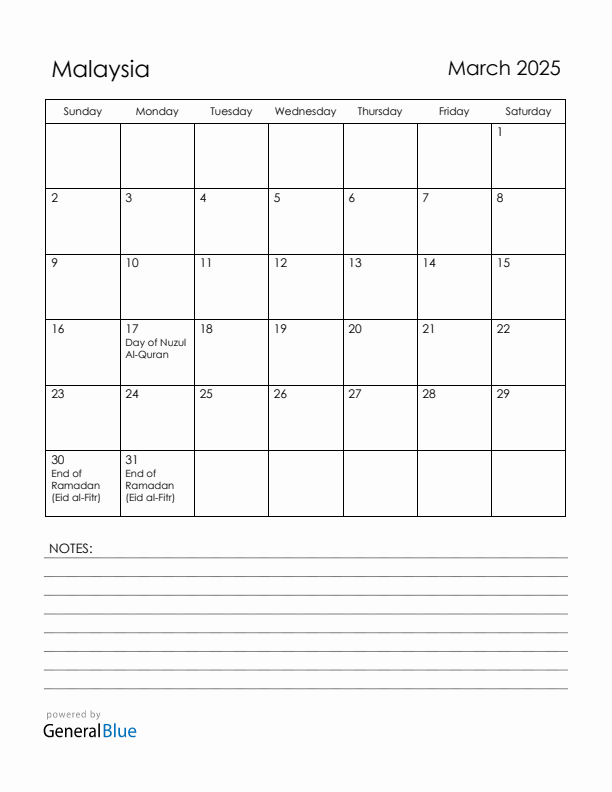 March 2025 Malaysia Calendar with Holidays (Sunday Start)