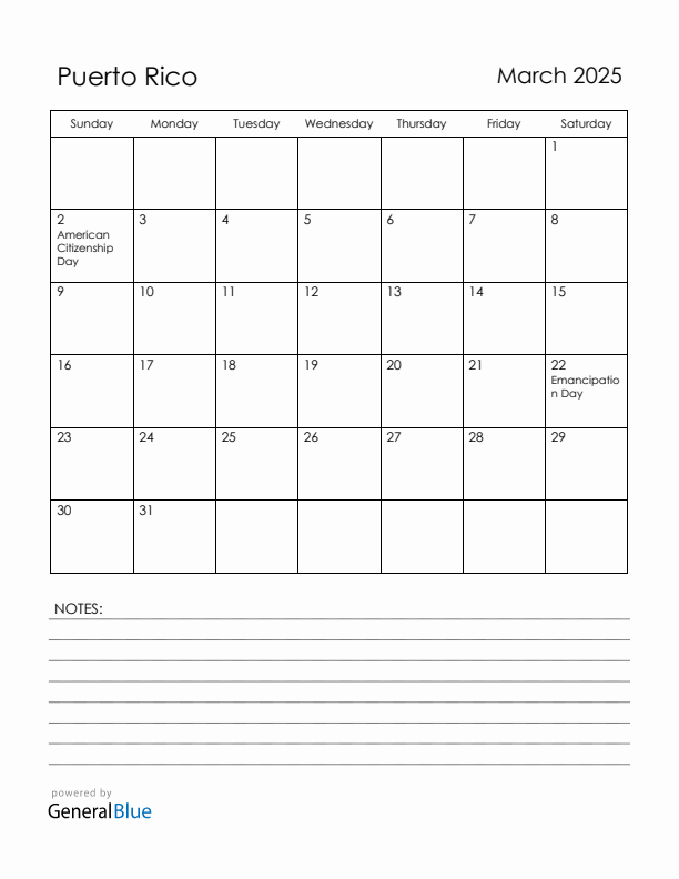 March 2025 Puerto Rico Calendar with Holidays (Sunday Start)