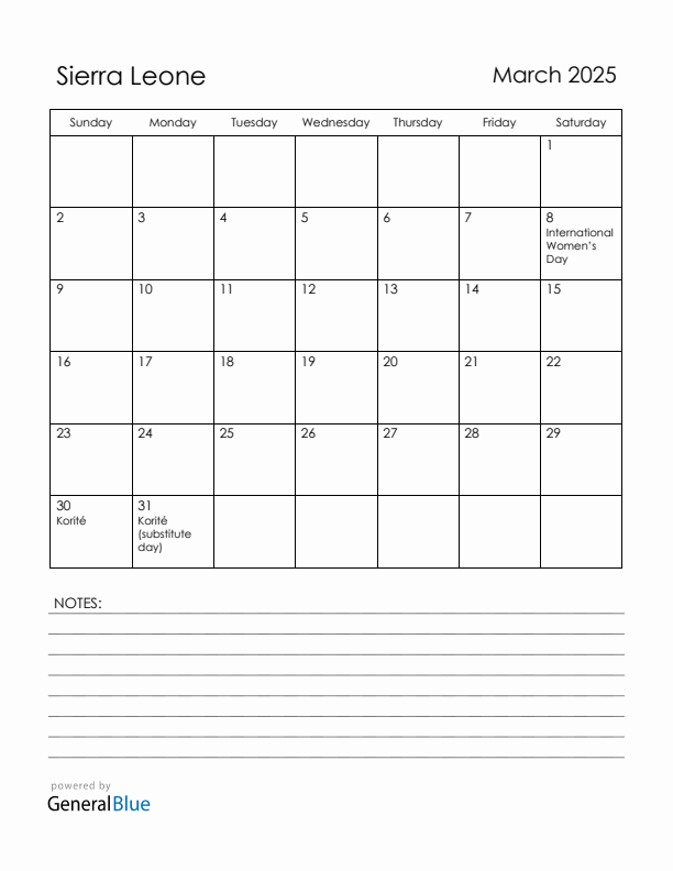 March 2025 Sierra Leone Calendar with Holidays (Sunday Start)