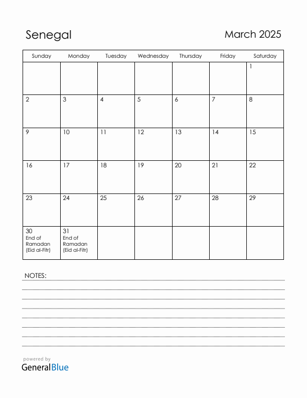 March 2025 Senegal Calendar with Holidays (Sunday Start)